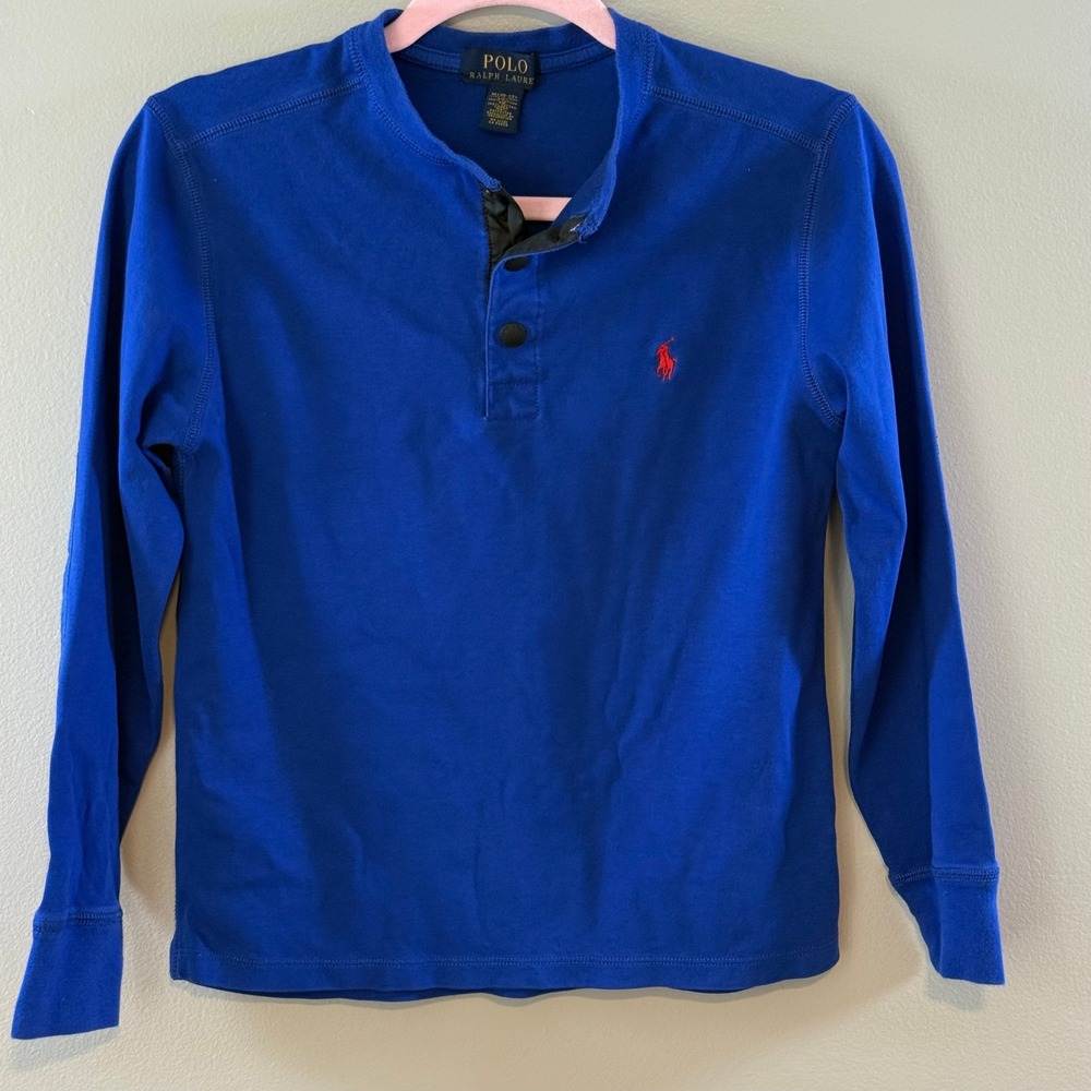 Polo Ralph Lauren Boys Royal Blue Henley Shirt Long Sleeve Elbow Patches M 10-12